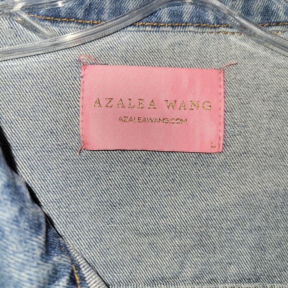Azalea Wang Blue Denim Jacket Cropped Lace Up Sleeve Fringe Rocker Sz Large - Picture 12 of 12